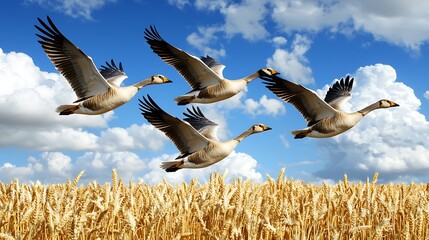 Flock of Geese in Flight Over Wheat Field Under Blue Sky with Fluffy Clouds