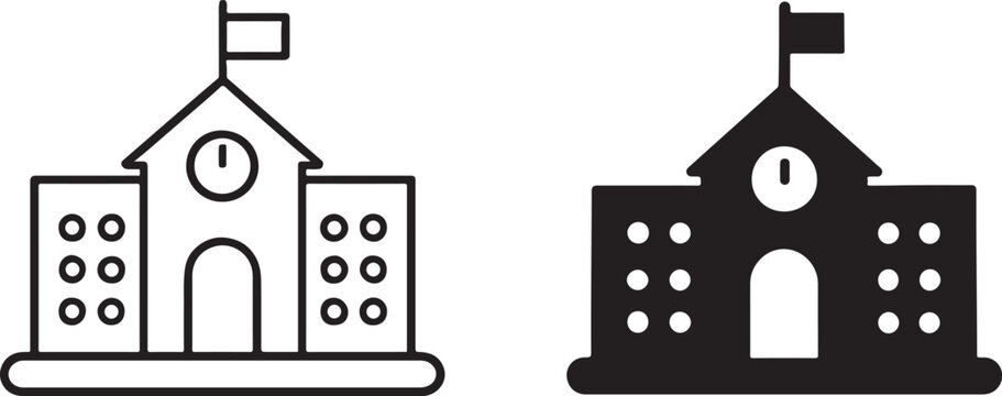 School building icon sign in black silhouette and outline style, clean education vector.