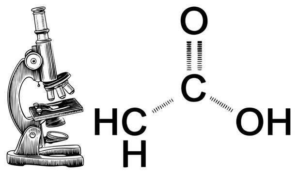 Scientific microscope analyzing acetic acid formula, chemistry lab equipment, molecular diagram, chemical compound, educational illustration.