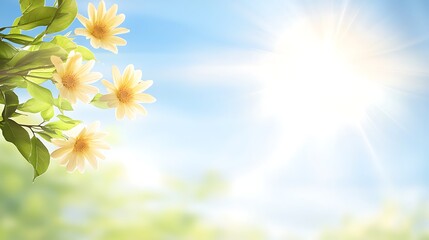 Bright Sunlight Streaming Through Green Leaves and Yellow Flowers in a Blue Sky Background