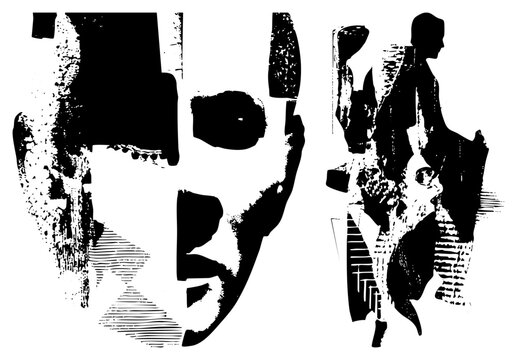 Stylized black and white portraits with fragmented halftone shading, graphic art, bold, expressive faces, vector illustration, artistic composition.