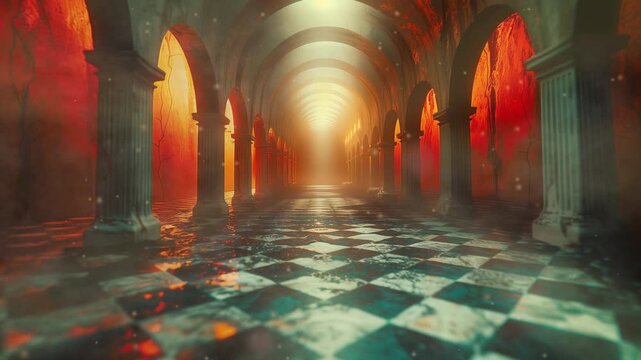 Endless corridor of ancient arches in soft fog video LoFi animation. Ruined checkerboard floor of cathedral tunnel. Animated Lo-Fi 4K motion graphics with floating dust particles