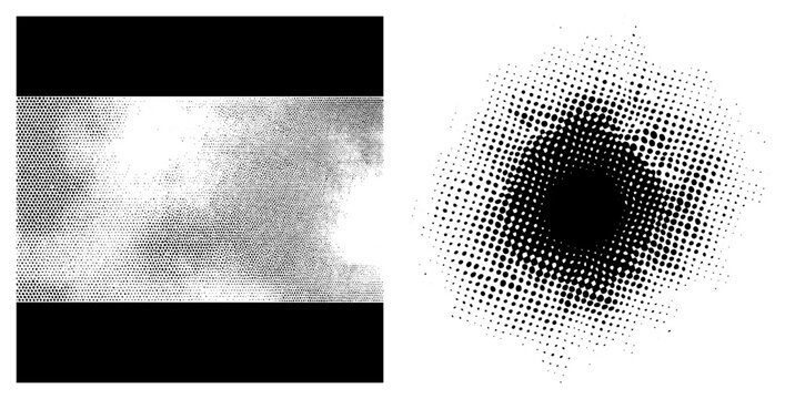 Vector halftone gradients using dot density variation, stippling technique, graphic design element, print art, digital illustration, texture.