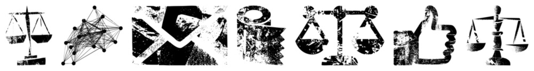 Obraz premium Stylized vector including justice scales, network nodes, and thumbs up, rendered in high contrast with textured grain, ideal for UI or symbolic representation.