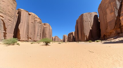 Majestic sandstone cliffs rise against a bright blue sky in a vast desert landscape with sparse vegetation