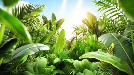 Lush Tropical Jungle Scene with Sunlight Filtering Through Dense Green Foliage in a Vibrant Natural Environment