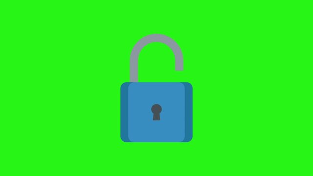 Animated padlock locking and unlocking icon on green screen background for security