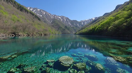Serene Mountain Lake with Crystal Clear Water and Vibrant Green Foilage Surrounded by Majestic Snow-Capped Peaks