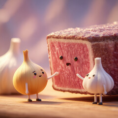 onion, garlic and meat