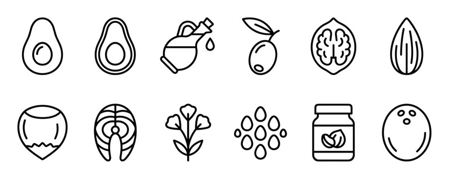 Set of healthy fats and oils icons in a minimalist line art style showing avocado, olive, nuts, salmon, and seeds for nutrition and ketogenic diet concepts