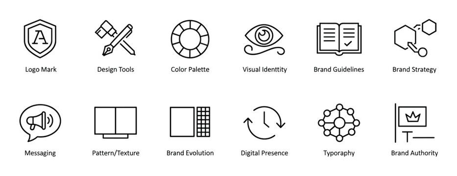 Set of twelve black line icons for branding and marketing concepts including logo mark, visual identity, color palette, and brand strategy in a clean minimalist style