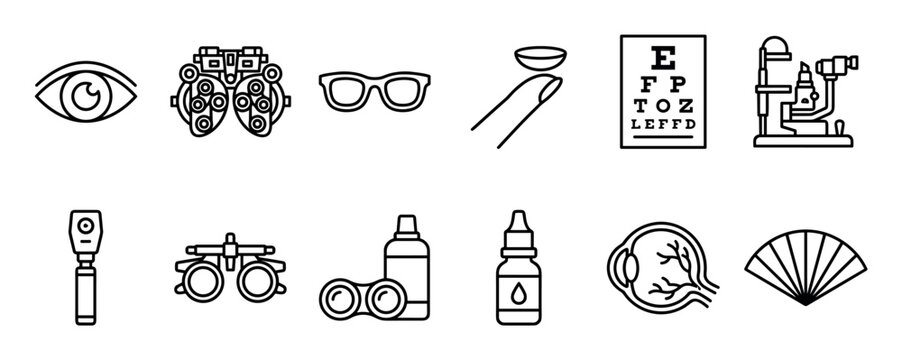 Set of black line icons for optometry and ophthalmology including an eye, phoropter, glasses, contact lens, and eye chart for medical vision care concepts