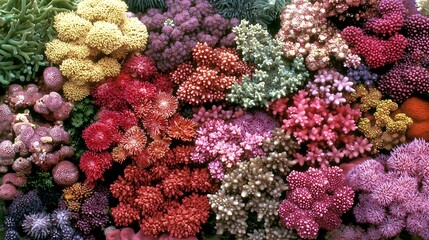 Vibrant Collection of Colorful Coral Types Displayed Underwater in a Lively Marine Ecosystem