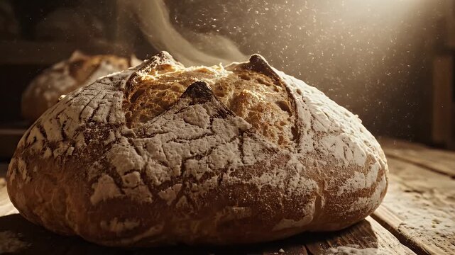 A steaming, fresh loaf of bread sits on a rustic wooden table, dusted with flour