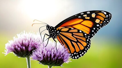 Close-Up of a Vibrant Monarch Butterfly Resting on Purple Flower in a Serene Natural Background