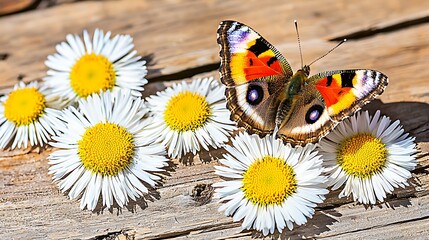 Colorful butterfly perched on white daisies against a rustic wooden background in bright sunlight, showcasing nature's beauty