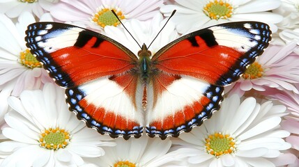 Vibrant Red Butterfly on a Bed of White Daisies in a Colorful Floral Scene