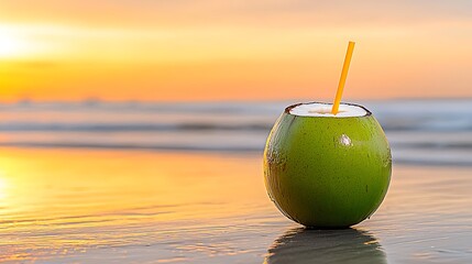 Refreshing Coconut Drink on a Beach at Sunset with Vibrant Colors and Serenity of Nature Surrounding It