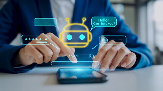 Businessman hand using smartphone with virtual AI chatbot assistant interface, digital customer support automation concept and smart online help conversation message.