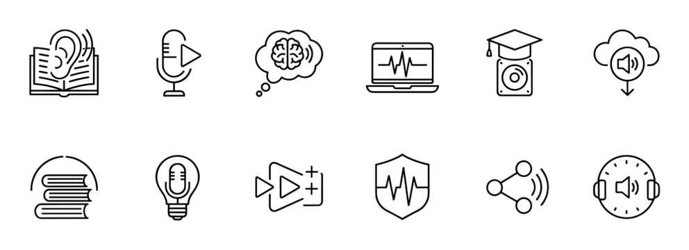Set of black line icons representing podcasting, audiobooks, and online education concepts like streaming, listening, learning, and sharing digital sound files in a minimalist vector style