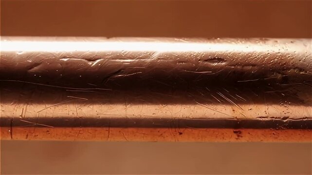 Close-up of a weathered metal pipe with rust and water droplets on a textured surface, showcasing rich colors and details