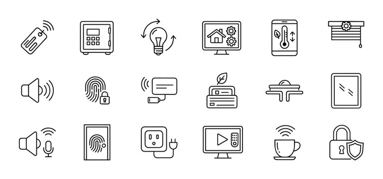 Smart home technology and automation icon set featuring thin line symbols for security, lighting, climate control, and internet of things devices in a clean minimalist design