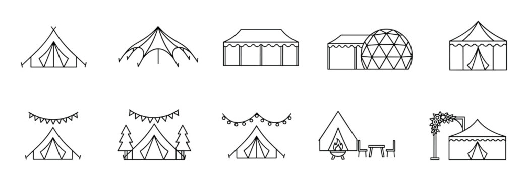 Collection of black line art tent icons showing various styles for camping, glamping, festivals, and outdoor events, including a marquee, dome, and wedding shelter