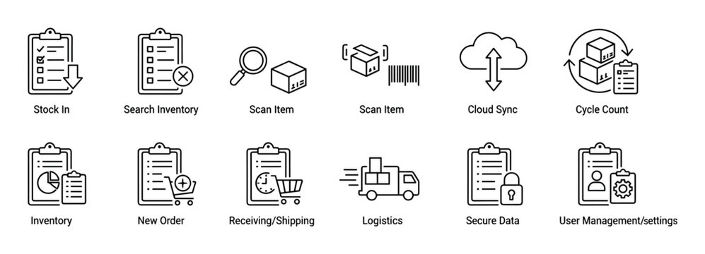 Set of black line icons for inventory management, logistics, and warehouse operations, featuring symbols for scanning, shipping, cloud sync, and data security in a minimalist vector style