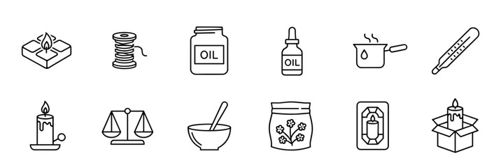 Set of black line icons for candle making and aromatherapy, including wax, wick, essential oil, thermometer, and scales for a creative DIY hobby or small business craft