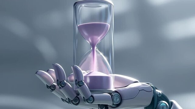 Humanoid robot holding sand clock with flowing pastel purple sand in its fingers. AI artificial intelligence technology and business.