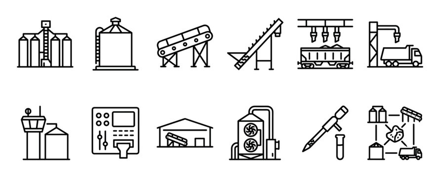 Set of grain industry line icons showing silo, elevator, conveyor, truck, train, and factory equipment for agricultural processing, logistics, and quality control in a minimal outline style