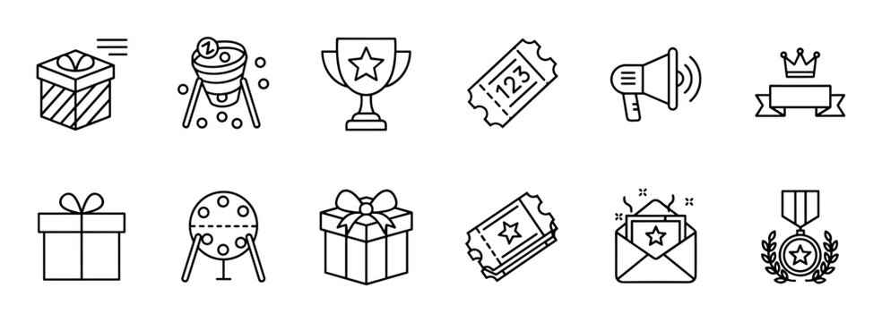 Set of black line icons for lottery and giveaway contests, featuring a gift box, trophy, raffle ticket, medal, and lottery drum in a clean minimalist vector illustration style