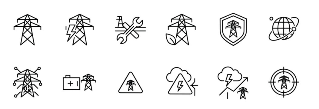 Set of electricity pylon line icons representing power grid concepts like transmission, maintenance, green energy, safety, and high voltage in a minimalist black and white style