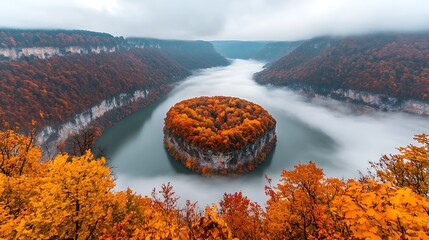 Stunning Aerial View of Curved Island Surrounded by Misty River and Vibrant Autumn Foliage in Scenic Landscape