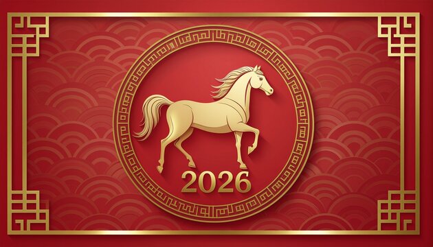 Chinese New Year 2026 Year of the Horse Greeting Card with Golden Horse and Red Pattern