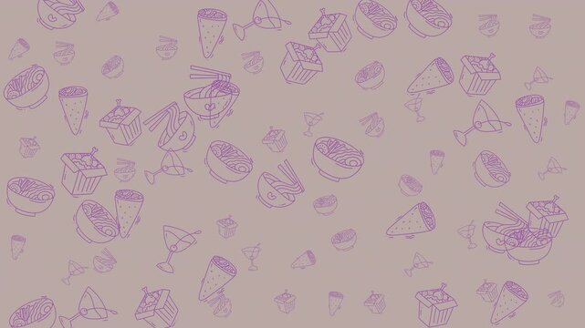 Food doodle pattern featuring noodles and drinks. Perfect for menus, kitchen decor, and foodrelated designs. Colorful and whimsical.