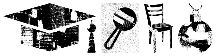 Obraz premium Black and white halftone graphic set featuring graduation cap, tower, magnifying glass, chair, ornament isolated vector for design, education, search, analysis, furniture, holiday themes.