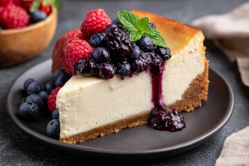 Sliced cheesecake topped with berries and sauce