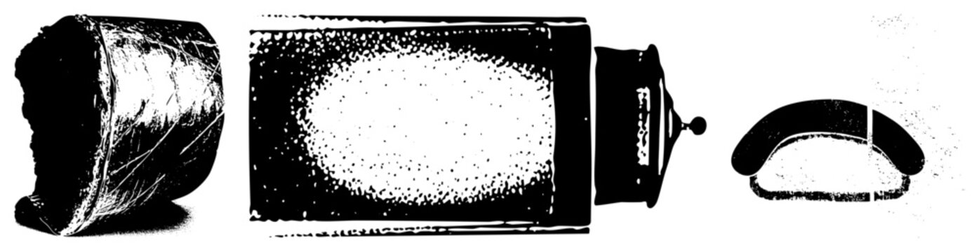 Black/white halftone graphic with 4 shapes curved cylinder, rect panel, vertical spout, handle. Art deco vector, stippled texture, bold.