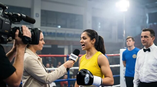 Female Boxer in Yellow Top Giving Post-Match Interview to Reporter with Microphone and Camera in a Lit Sports Arena