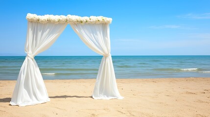 Serene Beach Wedding Arch with White Drapery and Floral Decor Under Clear Blue Sky
