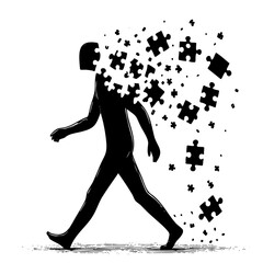 A black silhouette of a person walking and breaking apart into flying puzzle pieces. Metaphor for mental health, self-discovery, memory loss, or complex personality.