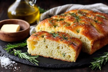 Freshly baked focaccia with herbs and olive oil