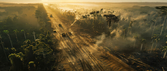 Fototapeta premium Aerial view of deforestation with heavy machinery clearing rainforest, leaving smoke and destruction behind under warm golden sunlight.