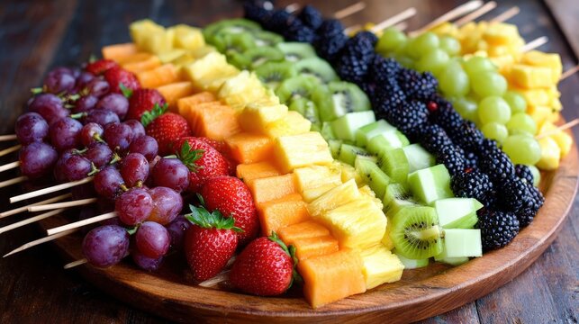 Rainbow Fruit Skewers: A vibrant display of fresh fruit skewers arranged in a spectrum of colors, offering a delicious and visually appealing treat, perfect for any occasion.