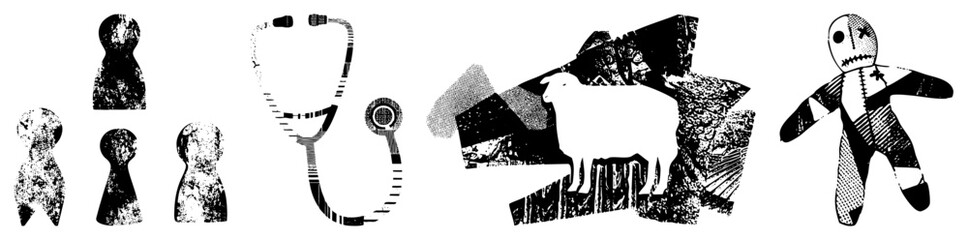 Obraz premium Stylized stethoscope, keyhole figures, sheep silhouette, voodoo doll all rendered in gritty halftone, vector art, isolated elements.