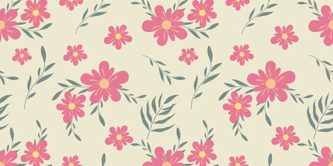 Hand-Drawn Pink Cosmos Flower Seamless Pattern with Delicate Foliage
