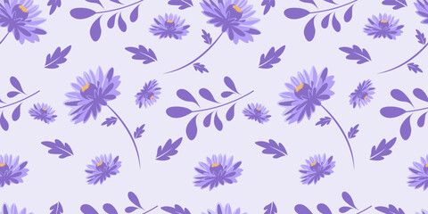 Vibrant Purple Aster and Leaf Seamless Pattern on Soft Lavender Backdrop