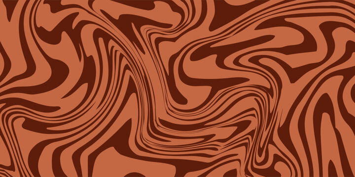 Retro coffee color background. Milk chocolate liquid dessert texture. Wavy swirl candy pattern for poster, cover, banner, pamphlet. Vintage brown trippy hippie wallpaper in 60s or 70s style. Vector
