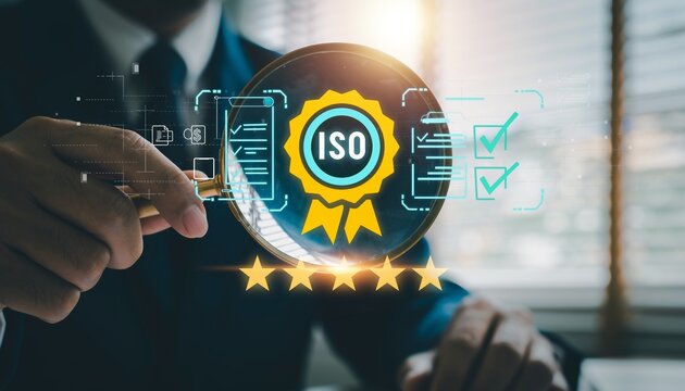 Businessman inspecting digital iso certification standard for quality assurance compliance. Virtual management control system guaranteeing excellence. Business inspection data with 5 star approval.